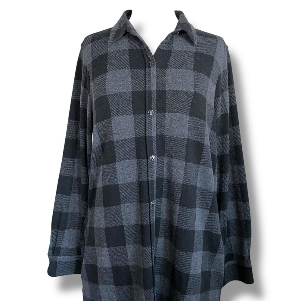 Faherty Womens Legend Sweater Shirt Dress Sz Large Gray Black Buffalo Plaid - Picture 3 of 8